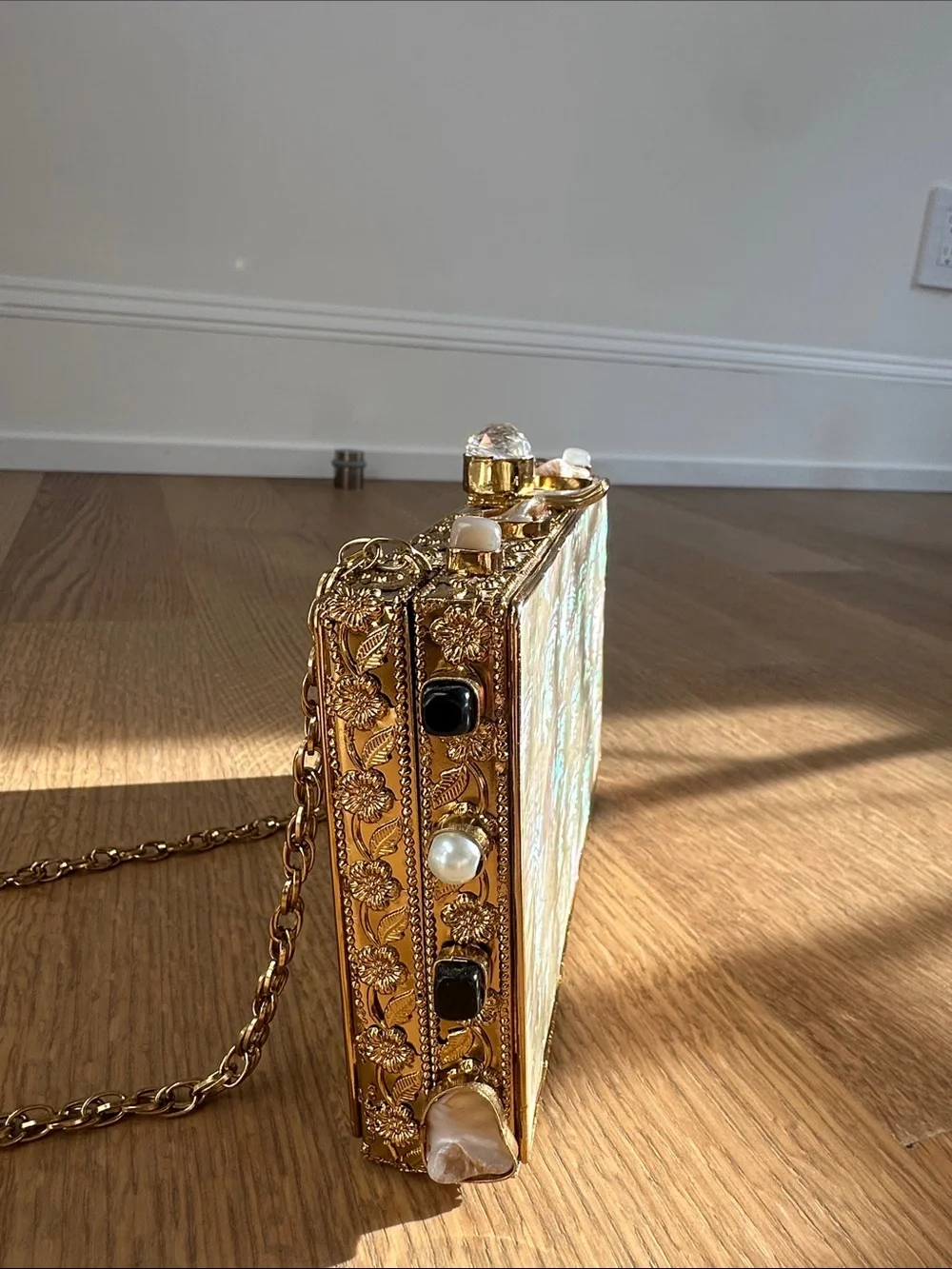 Iridescent Shell Box Clutch with Chain Strap